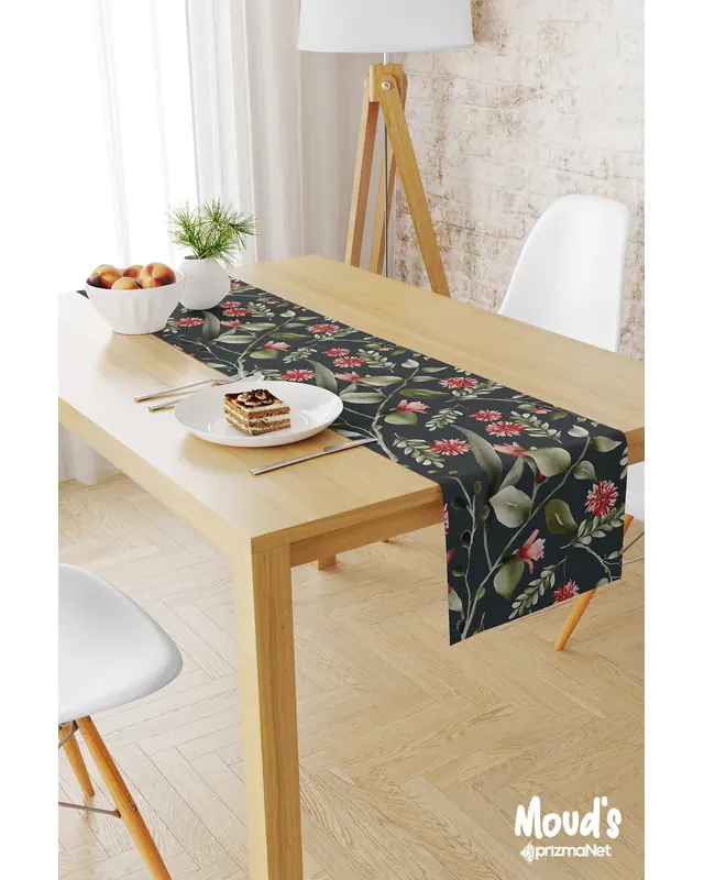 Koyu Green Red Floral Pattern Printed Suede Table Runner