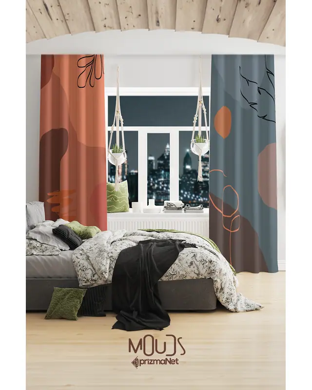 Best Pastel Patterned Suede Living Room Decorative Curtain Printed Pencil Pleat Body - Set of 2 Panels - PRD-1049 - 2