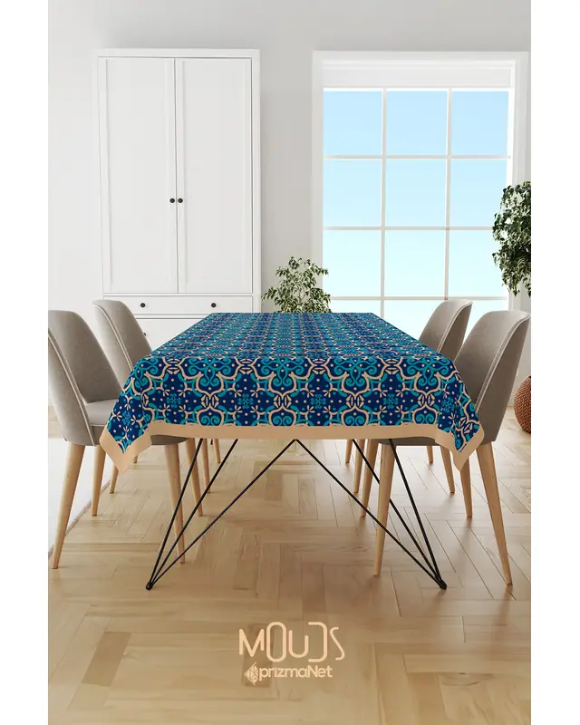 Blue Cream Ornament Islamic Rectangular Easy-Care Suede-Feel Tablecloth - MS-235 - 4