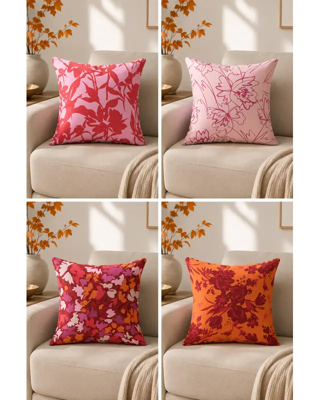 Double-Sided Printed Burgundy Pattern Set of 4 Coordinated Suede Cushion Cover - 5