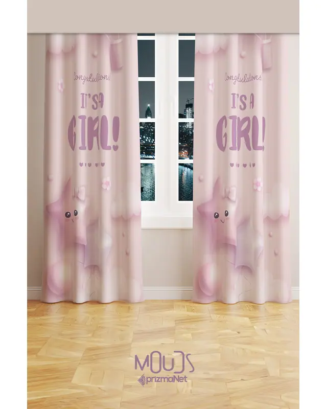 Pink Girl Patterned Decorative Curtain Kids' and Baby Room Printed Suede Pencil Pleat Off - Set of 2 Panels - PRD-51 - 3