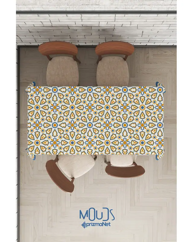 Yellow Ornament Islamic Rectangular Easy-Care Suede-Feel Tablecloth - MS-222 - 4