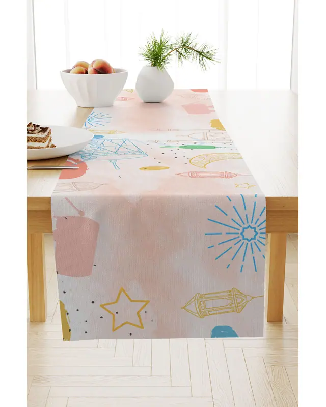 Ramazan Desenli 40X140 Runner Masa Örtüsü, Dertsiz Süet Dokulu Runner, Leke Tutmaz Runner