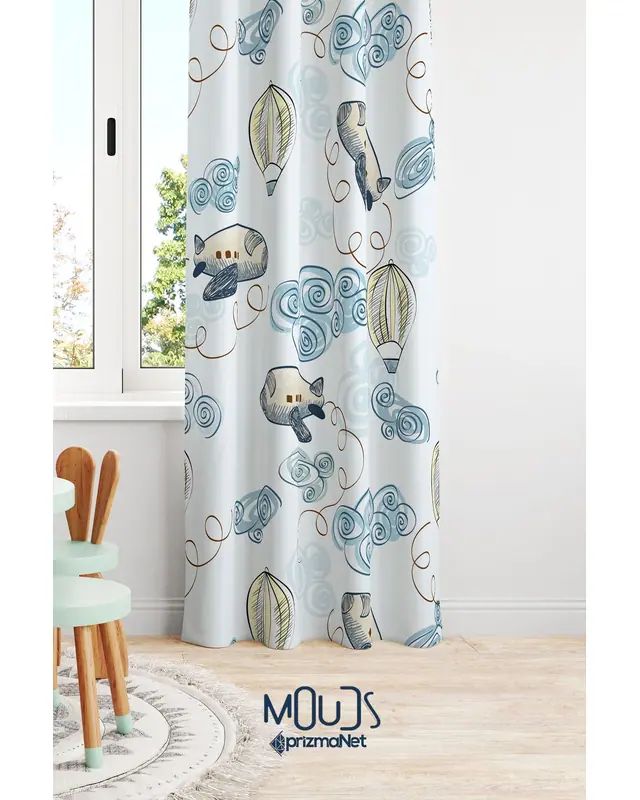 Blue Aircraft Patterned Decorative Curtain Kids' and Baby Room Digital Printed Suede Pencil Pleat - Single Panel - PRD-19-TK - 2