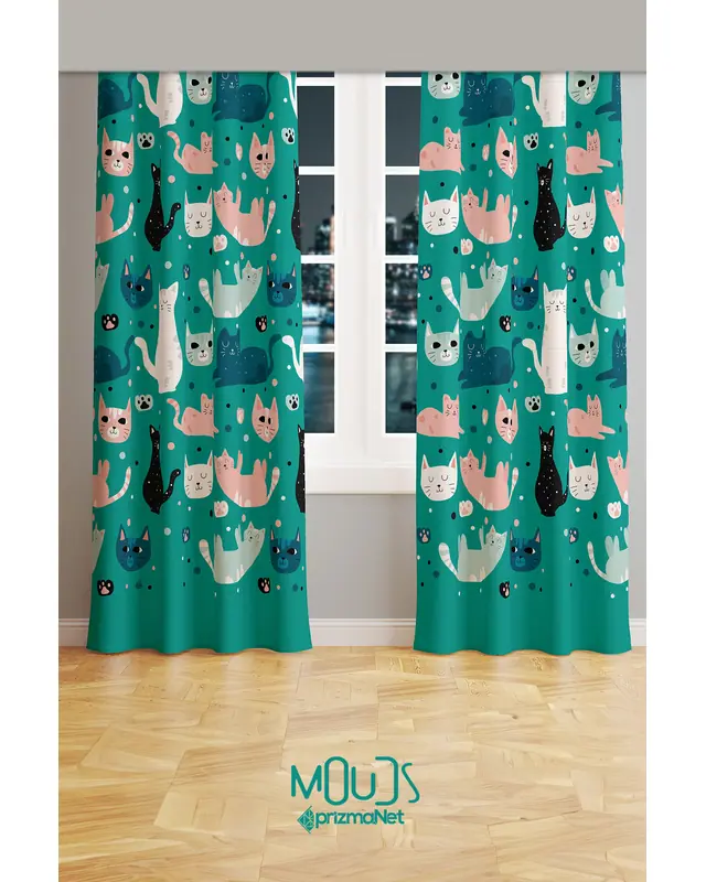 Green Cats Patterned Decorative Curtain Kids' and Baby Room Printed Suede Pencil Pleat Off - Set of 2 Panels - PRD-54 - 2