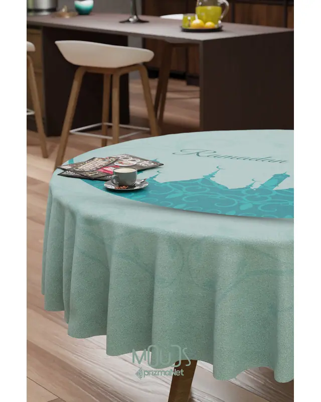 Ramadan Turquoise Mosque Silhouette Round Easy-Care Suede-Feel Tablecloth - MSY-257 - 3