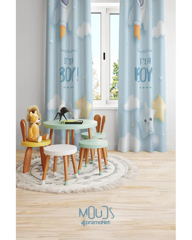 Blue Male Patterned Decorative Curtain Kids' and Baby Room Printed Suede Pencil Pleat Off - Set of 2 Panels - PRD-52 - 2