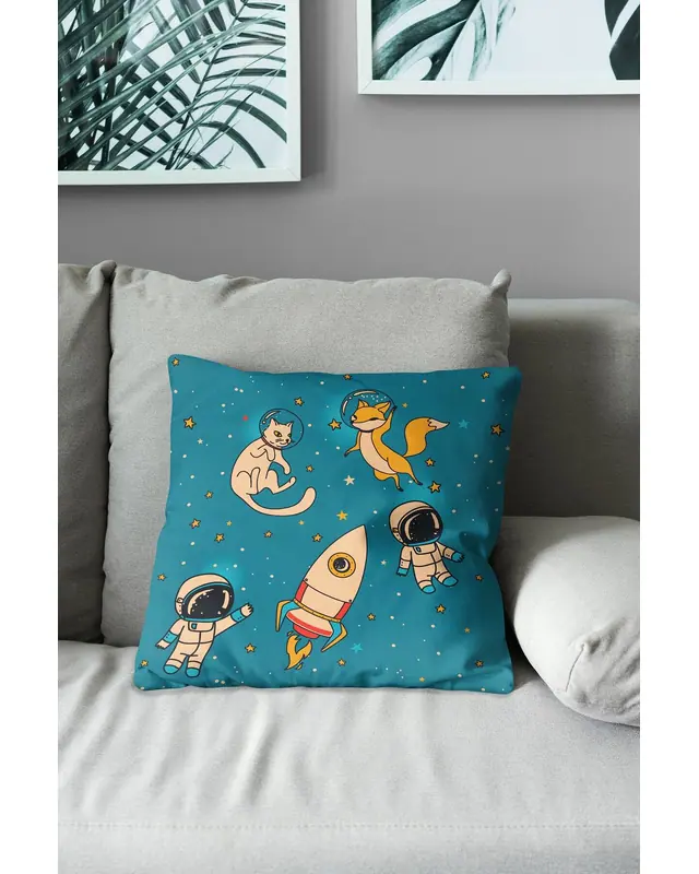 Astronaut Cat and Fox Pattern Double-Sided Printed Suede Cushion Cover - 3