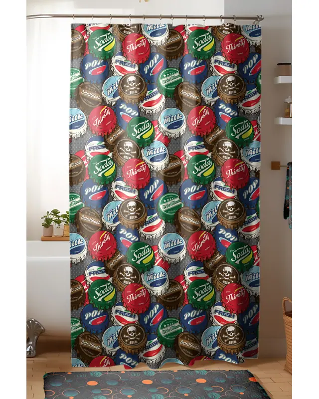 Banyo Perdesi, Gazoz Kapağı Desenli Duş Perdesi, Küvet Perdesi, Halka Hediyeli 175x200cm BP-25