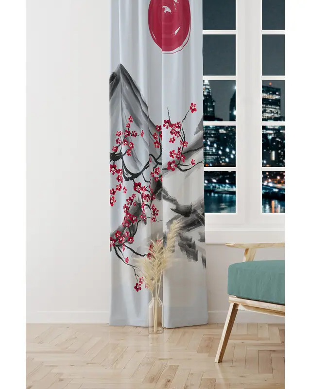 Blossom Japan 2 Desenli Süet Oturma Odası Salon Fon Perde Baskılı Ekstrafor Büzgü TEK KANAT PRD-1107