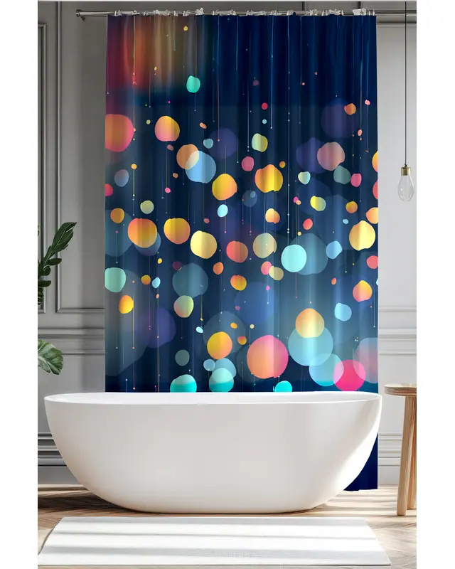 Banyo Perdesi, Renkli Işıklar Desenli Duş Perdesi, Küvet Perdesi, Halka Hediyeli 175x200cm BP-85