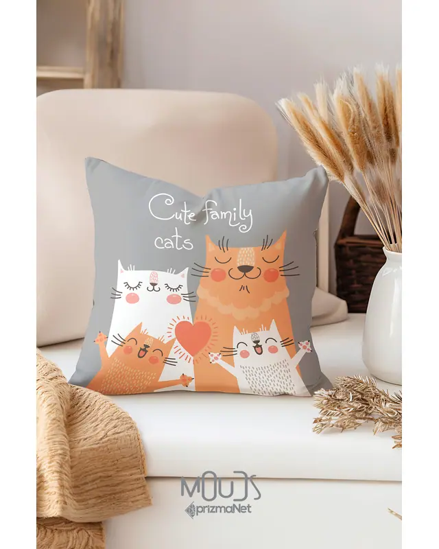 Çift Tarafı Baskılı Happy Cats Desenli Tekli Kırlent Kılıfı