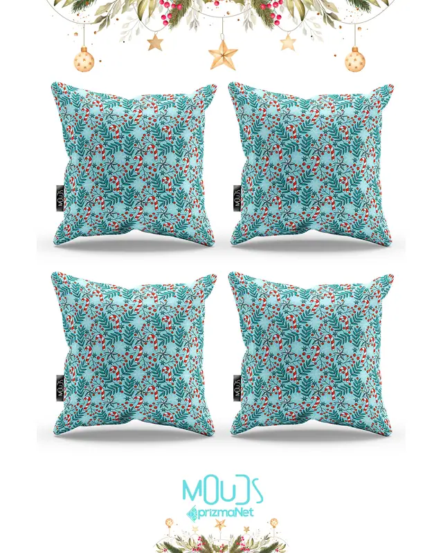 Double-Sided Printed Set of 4 Kokina Blue Şeker Kamışı Christmas Pattern Cushion Cover New Year PL1130-4LÜ - 2