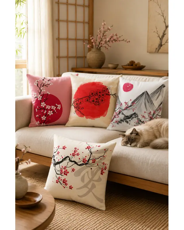 Çift Tarafı Baskılı Blossom Japan Desenli 4'lü Kombin Süet Kırlent Kılıfı