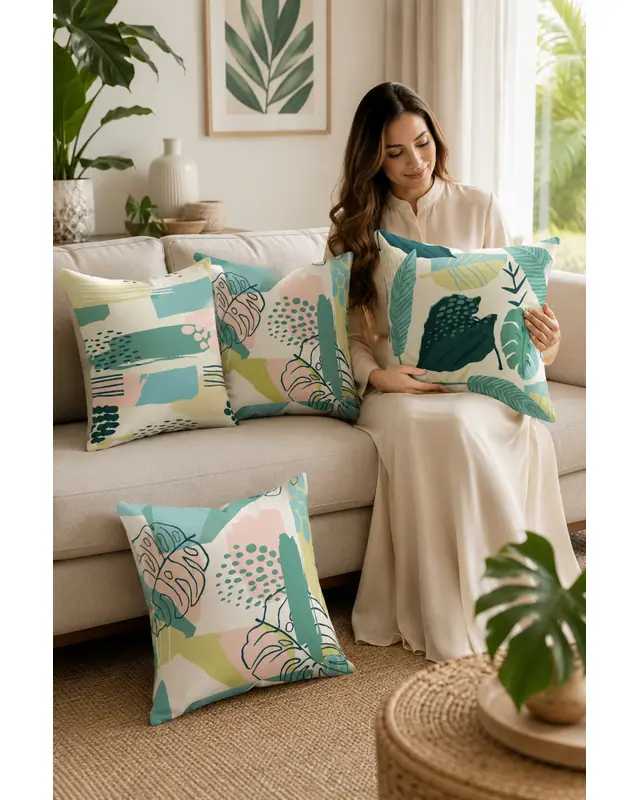 Double-Sided Printed Green Garden Pattern Set of 4 Coordinated Suede Cushion Cover - 2
