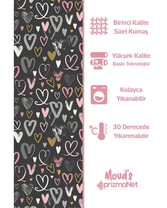 Gray Hearts Patterned Printed Kids' and Baby Room Decorative Curtain - Set of 2 Panels - PRD-34 - 4