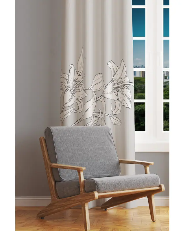 White Flowers Patterned Suede Living Room Decorative Curtain Printed Pencil Pleat - Single Panel - PRD-1052-TK - 2