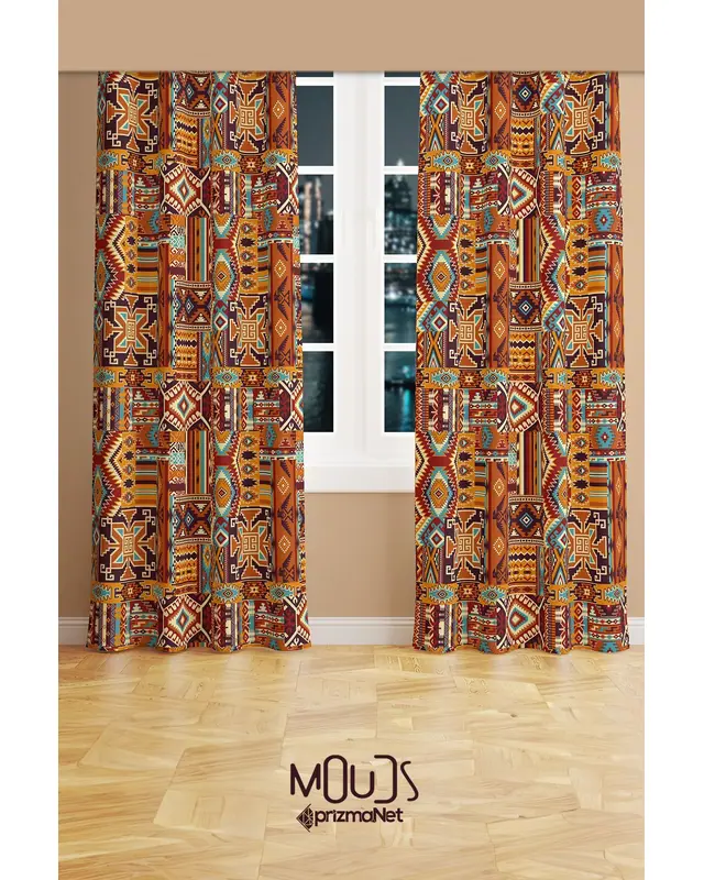 Ethnic Kilim Patterned Suede Living Room Decorative Curtain Printed Pencil Pleat Body - Set of 2 Panels - PRD-1019 - 2