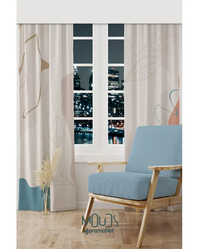 Farmer Patterned Suede Living Room Decorative Curtain Digital Printed Pencil Pleat Body - Set of 2 Panels - PRD-1108