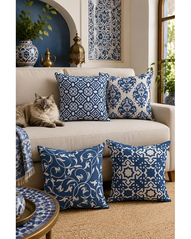 Double-Sided Printed Navy Vintage Pattern Set of 4 Coordinated Suede Cushion Cover - 8