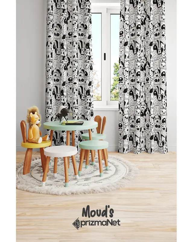 Siyah Köpekler Desenli Baskılı Çocuk ve Bebek Odası Fon Perdesi 2 Kanat - PRD-27 - 2