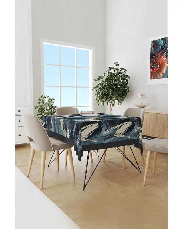 Blue Brush Desenli Süet Dertsiz Masa Örtüsü