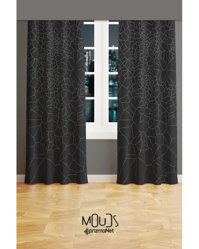 Grey Crystal Patterned Suede Living Room Decorative Curtain Printed Pencil Pleat Body - Set of 2 Panels - PRD-1079 - 2