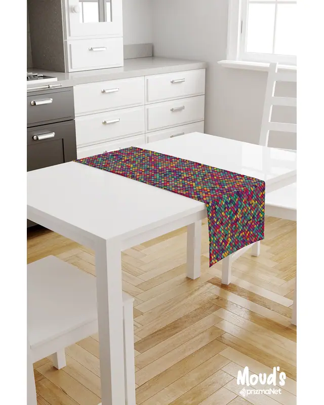 Colourful Küçük Kare Pattern Printed Suede Table Runner - 2