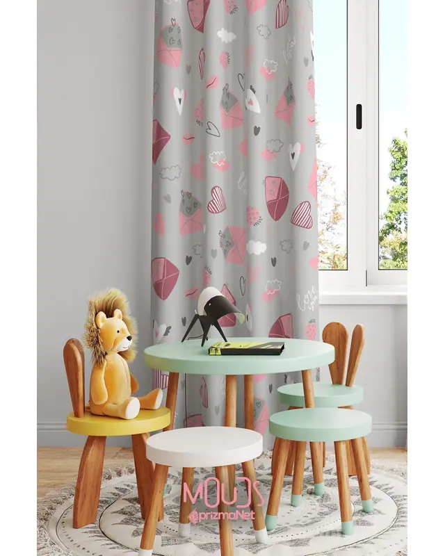 Heart and Envelope Patterned Decorative Curtain Kids' and Baby Room Digital Printed Suede Pencil Pleat - Single Panel - PRD-33-TK - 2
