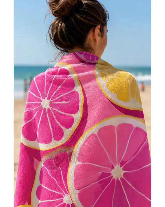 Dijital Baskılı 70x150cm Pembe Greyfurt Desenli Plaj Havlusu - Banyo Havlusu - Deniz Havlusu - 4
