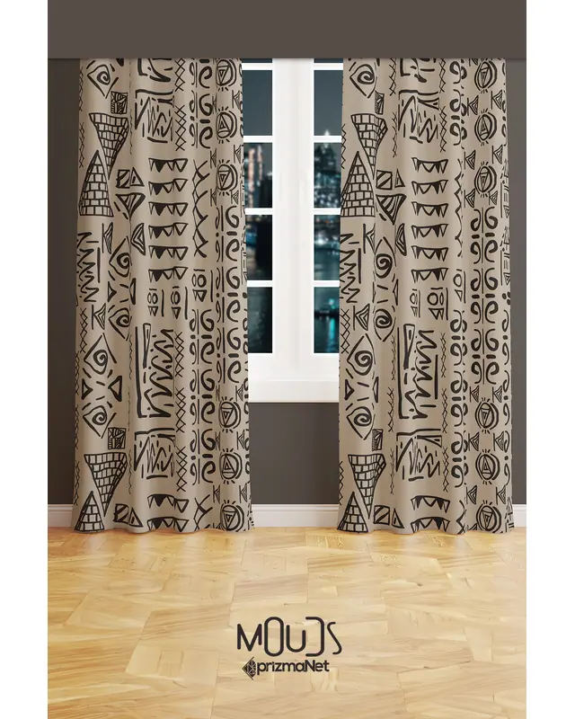 Egypt Patterned Suede Living Room Decorative Curtain Digital Printed Pencil Pleat Body - Set of 2 Panels - PRD-1008 - 2