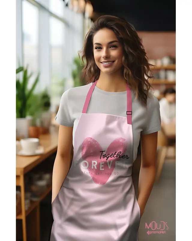 Suede Textured Fabric Together Forever Heart Patterned Kitchen Apron, Chef Apron, Waiter Cover, Restaurant Apron - MTF-51 - 2