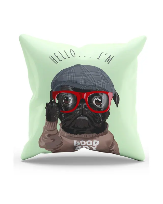 Çift Tarafı Baskılı Gözlüklü Pug Köpek Desenli Süet Kırlent Kılıfı - PL803