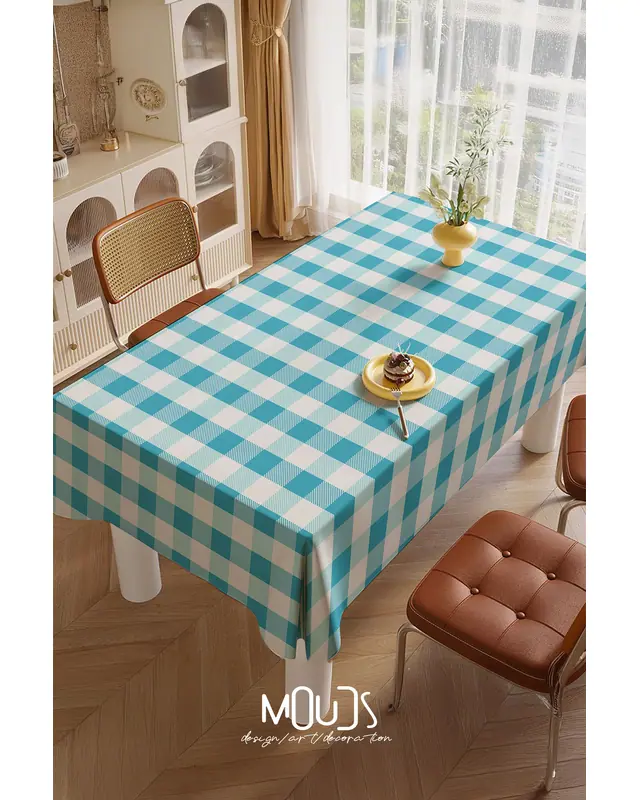 Blue Gingham Rectangular Easy-Care Suede-Feel Tablecloth - MS-3000-MAVİ - 4