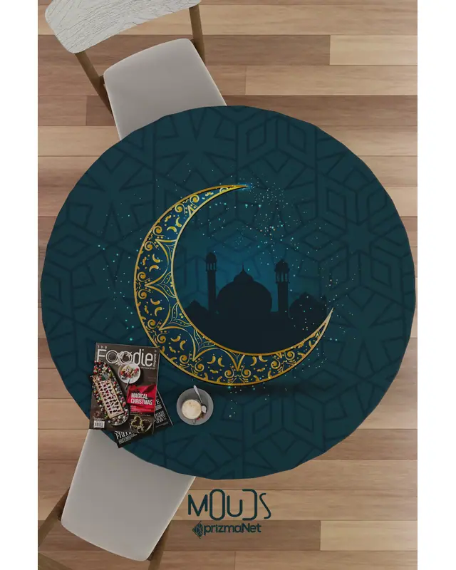 Ramazan Ay ve Camii Silüet Desenli Süet Kumaş Dertsiz Yuvarlak Masa Örtüsü Ramadan - 2