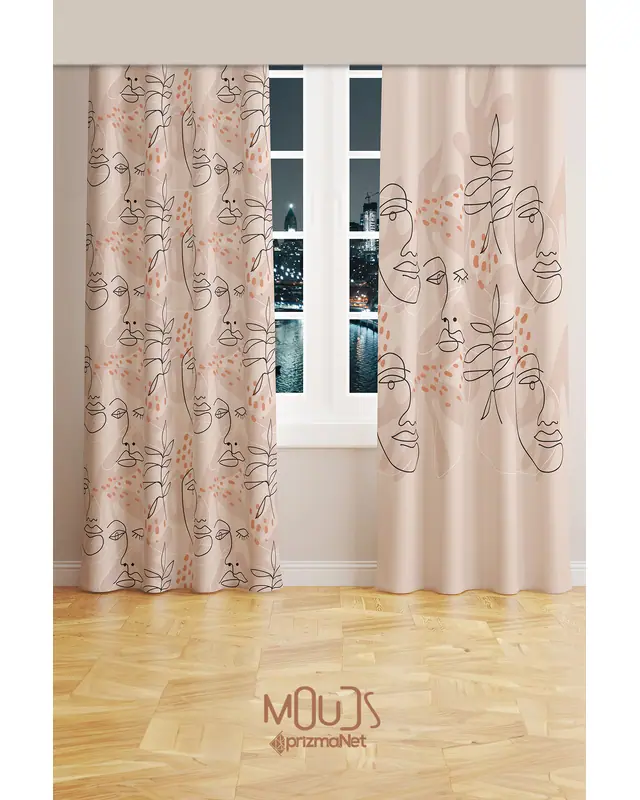 One Line Woman Patterned Suede Living Room Decorative Curtain Printed Pencil Pleat - Set of 2 Panels - PRD-1105 - 2