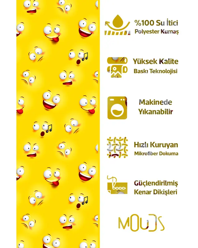 Banyo Perdesi, Sarı Emoji Desenli Duş Perdesi, Küvet Perdesi, Halka Hediyeli 175x200cm BP-56 - 2