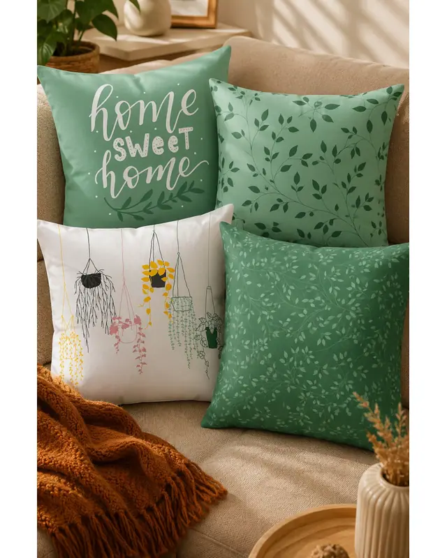 Double-Sided Printed Green Sweet Home Series Pattern Set of 4 Coordinated Suede Cushion Cover - PLG204