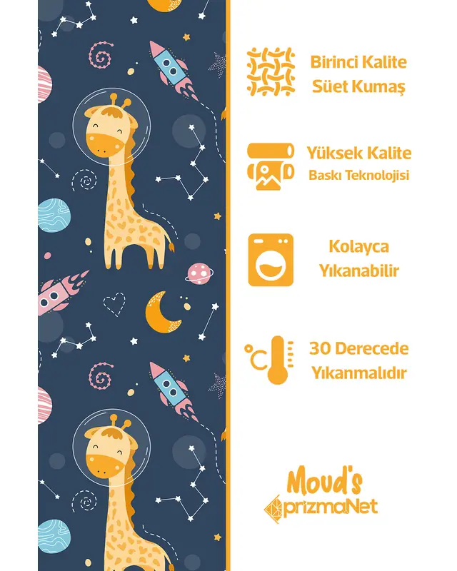 Uzaylı Zürafa Desenli Baskılı Çocuk ve Bebek Odası Fon Perdesi 2 Kanat - PRD-17 - 4