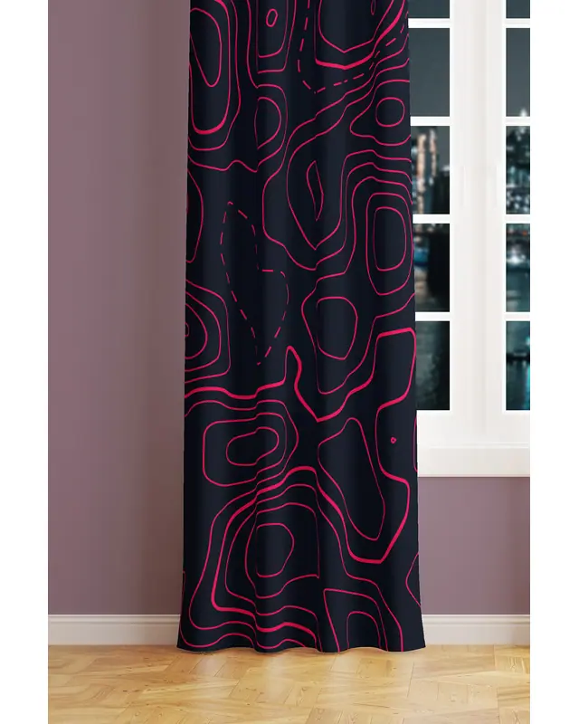 Wave Fuchsia Desenli Süet Oturma Odası Salon Fon Perde Ekstrafor Büzgü TEK KANAT PRD-1097 - 2