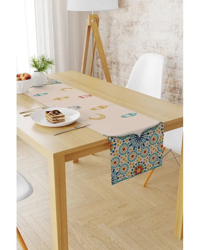 Ramazan Desenli 40X140 Runner Masa Örtüsü, Dertsiz Süet Dokulu Runner, Leke Tutmaz Runner