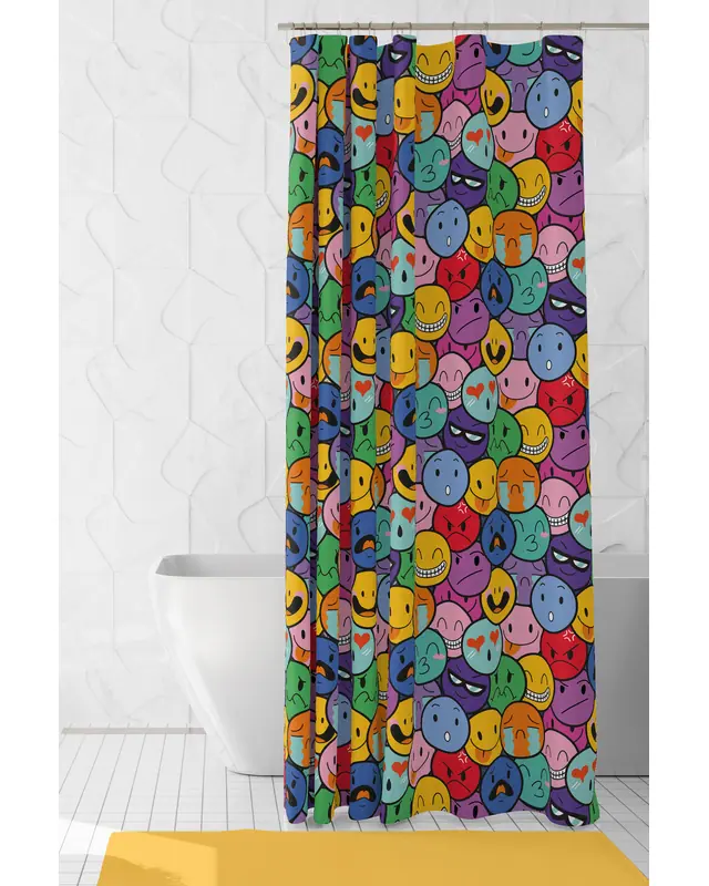 Banyo Perdesi, Emoji Desenli Duş Perdesi, Küvet Perdesi, Halka Hediyeli 175x200cm BP-105