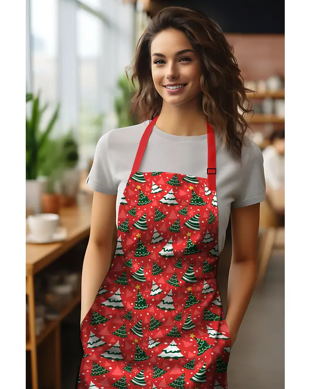 Red Christmas Tree Patterned Kitchen Apron, Chef Apron, Waiter Apron, Restaurant Apron - MTF-75 - 2