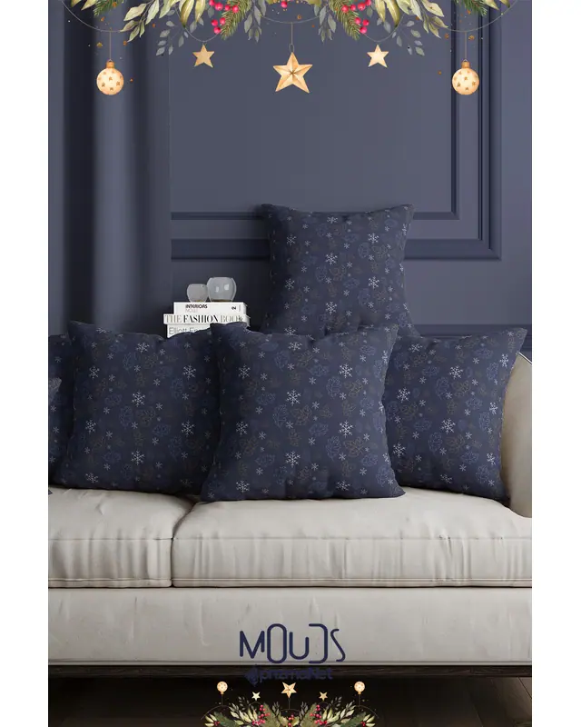Double-Sided Printed Set of 4 Navy White Snowflakes Christmas Pattern Cushion Cover PL1135-4LÜ