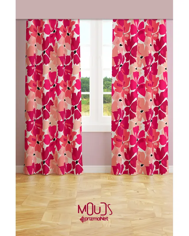Cherry Flower Patterned Suede Living Room Decorative Curtain Printed Pencil Pleat - Set of 2 Panels - PRD-1023 - 2