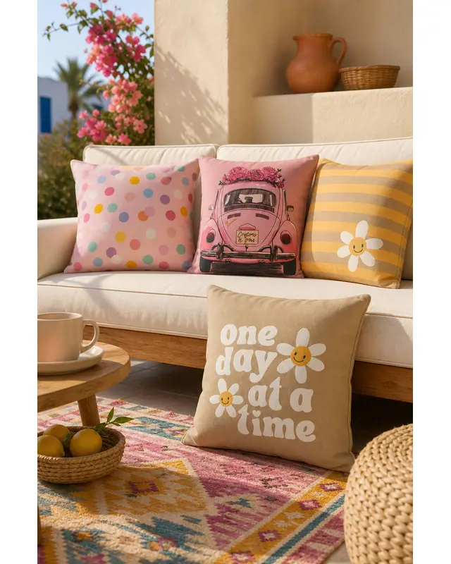 Bohemian & Retro Designed Decorative Cushion Cover Set Set of 4 – Daisy, Polka Dot, Vintage Car Printed Sofa Pillow Cover - 3
