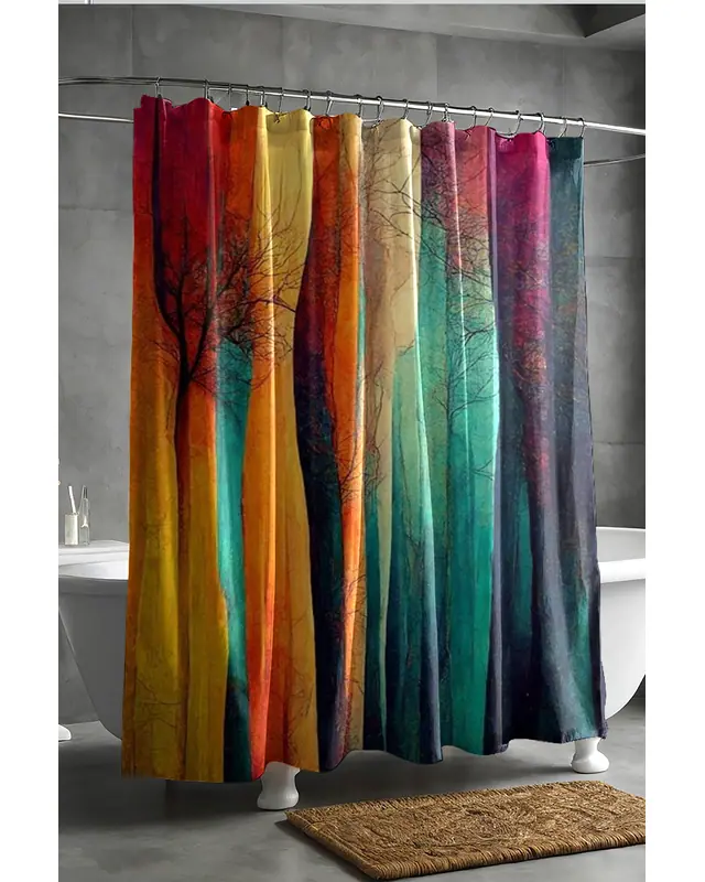 Banyo Perdesi, Renkli Ağaç Silüet Desenli Duş Perdesi, Küvet Perdesi, Halka Hediyeli 175x200cm BP-35