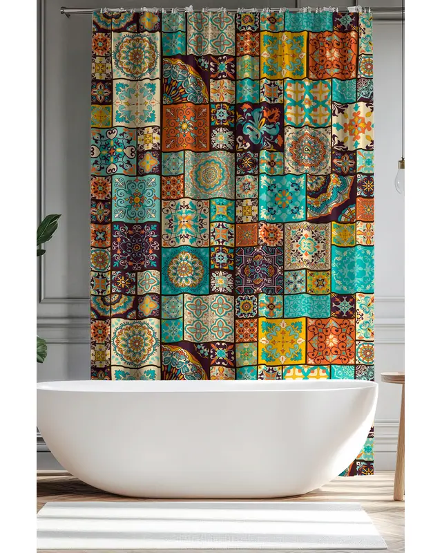 Banyo Perdesi, Osmanlı Desenli Duş Perdesi, Küvet Perdesi, Halka Hediyeli 175x200cm BP-60