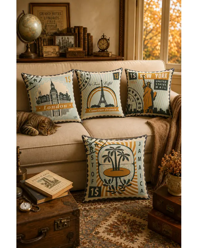 Double-Sided Printed Stamp Pattern Set of 4 Coordinated Suede Cushion Cover - 8