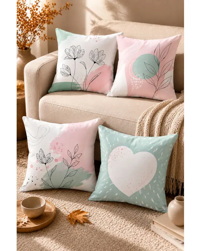 Mouds Set of 4 Be Happy Pattern Decorative Cushion Cover Set 43x43 cm - 2